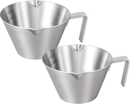 YARRAMATE 2 Pcs Espresso Cups with Handle, Stainless Steel Espresso Accessories, Double Spout Metal Measuring Cup with Dual Scale, Espresso Shot cup with V-Shaped Mouth, 3.4OZ/100ML(Sliver)