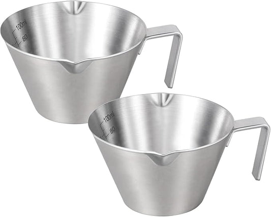 YARRAMATE 2 Pcs Espresso Cups with Handle, Stainless Steel Espresso Accessories, Double Spout Metal Measuring Cup with Dual Scale, Espresso Shot cup with V-Shaped Mouth, 3.4OZ/100ML(Sliver)