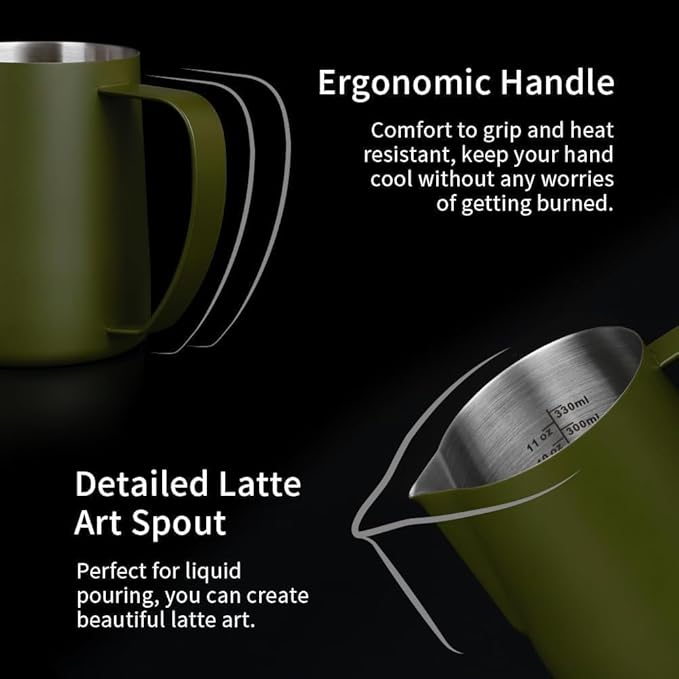 watchget Stainless Steel Milk Frothing Pitcher 12oz/350ml - Espresso Steaming Pitcher for Cappuccino, Latte Art, Coffee Machine Accessories Milk Jug Coffee Frother Cup, Matte Green
