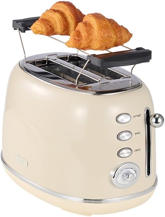 Toaster Retro 2 Slice, Vintage White Toaster with Lid, with Bread Attachment, Preheat, Defrost And Cancel Functions, 6 Browning Levels (Beige)