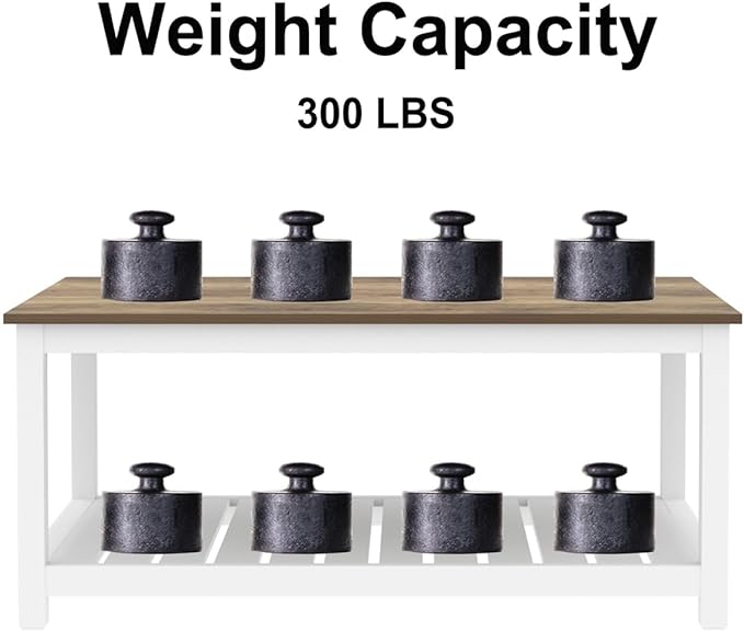 FOLUBAN Farmhouse Coffee Table with Storage Shelf, Rustic Vintage Wood Cocktail Table for Living Room, White