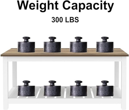 FOLUBAN Farmhouse Coffee Table with Storage Shelf, Rustic Vintage Wood Cocktail Table for Living Room, White