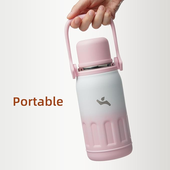 Insulated Water Bottle with Handle and Strap,Vacuum Travel Tumbler with Cup Lid,Thermo Coffee Cup for Hot Cold Drinks 40 OZ,Pink Pearl