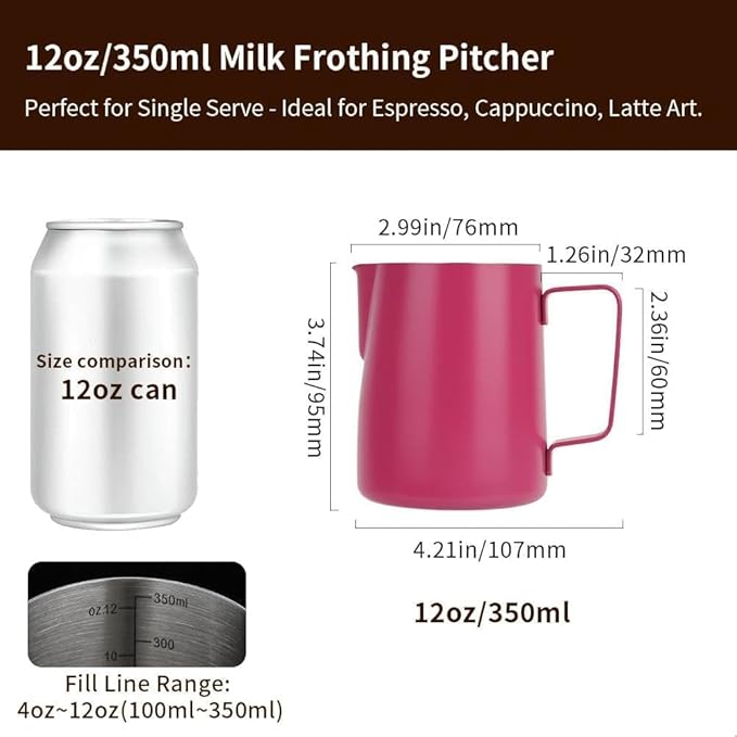 watchget Stainless Steel Milk Frothing Pitcher 12oz/350ml - Espresso Steaming Pitcher for Cappuccino, Latte Art, Coffee Machine Accessories Milk Jug Coffee Frother Cup, Rose Red