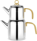 Load image into Gallery viewer, Karaca New Mira Turkish Tea Set for Stovetop, Induction Base Stainless Steel Tea Maker (1L Teapot &amp; 2L Tea Kettle), Dishwasher Safe, Non-Burning Gold Handles Samovar Style