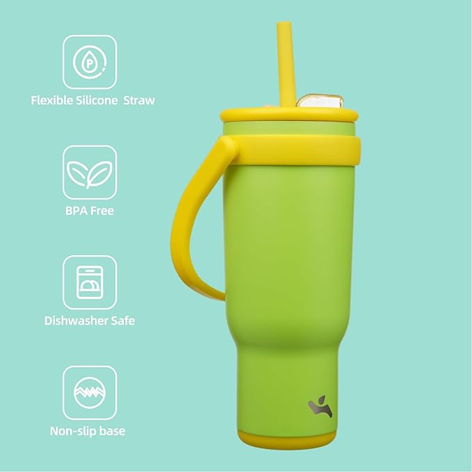 40 oz Tumbler with Side Handle, Insulated Water Bottle with Straw and 2 in 1 Lid, Stainless Steel Cup Travel Coffee Mug for Sports Office Gym,Lime