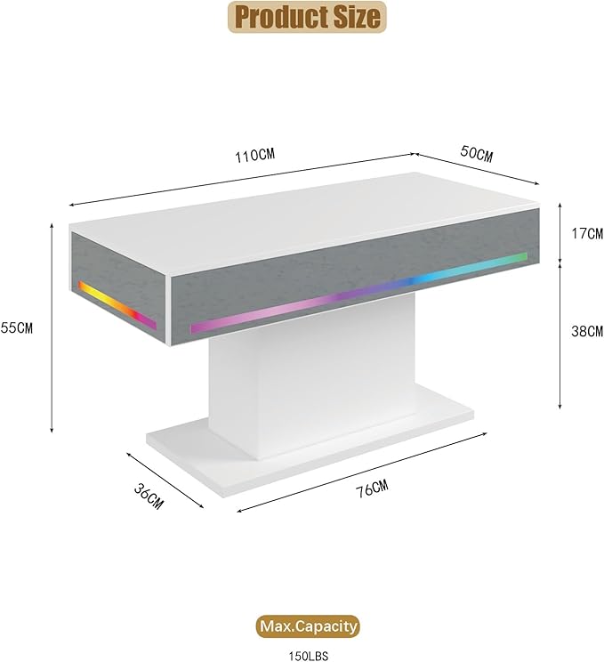 Led Coffee Table for Living Room, Living Room Table Rectangular Center Table, Modern Wooden Coffee Tables with 16 Colors LED Lights for Dining Reception Room