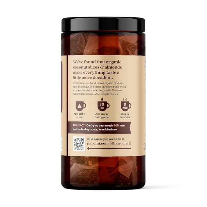 Paromi Coconut Almond Organic Black Tea, Signature Jar, 15 Count (Pack of 6)