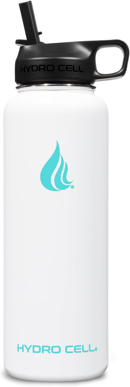 HYDRO CELL Stainless Steel Insulated Water Bottle with Straw - For Cold & Hot Drinks - Metal Vacuum Flask with Screw Cap and Modern Leakproof Sport Thermos for Adults (White 40oz)