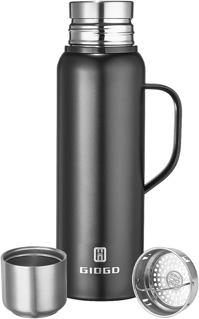 Insulated Vacuum Thermo Bottle 750ml/25.4oz with Cup Stainless Steel Coffee Bottles for Hot and Cold Drink Water Flask.(Black, with Handle, 750ml)