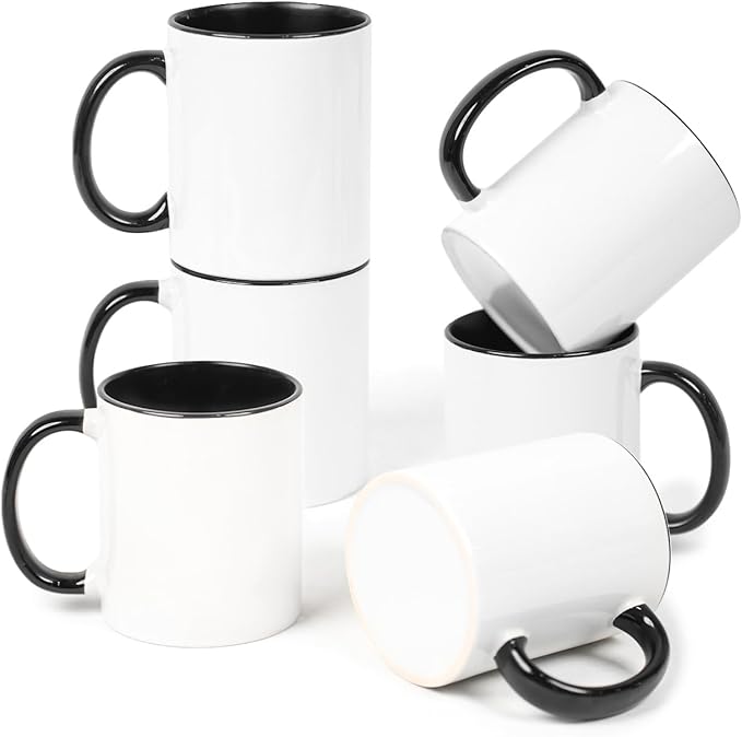 11oz White Ceramic Sublimation Coffee Mug With Solid Colors Inside and Handle, (6, Black)