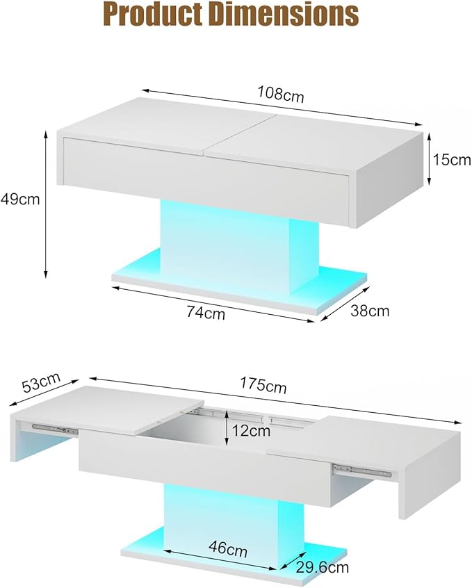 LED Coffee Table with Storage for Living Room, Living Room Table Rectangular Center Table, Modern High Glossy Wooden Coffee Tables with 16 Colors LED Lights for Dining Reception Room, White