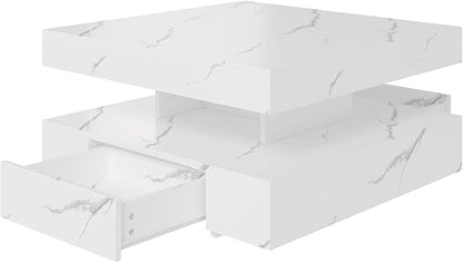 White Marble LED Coffee Table with 2 Storage Drawers for Living Room Square Center Middle Table Modern Cocktail Table with Light 2-Tier Tea Tables Contemporary Mid Century Wood Home Office