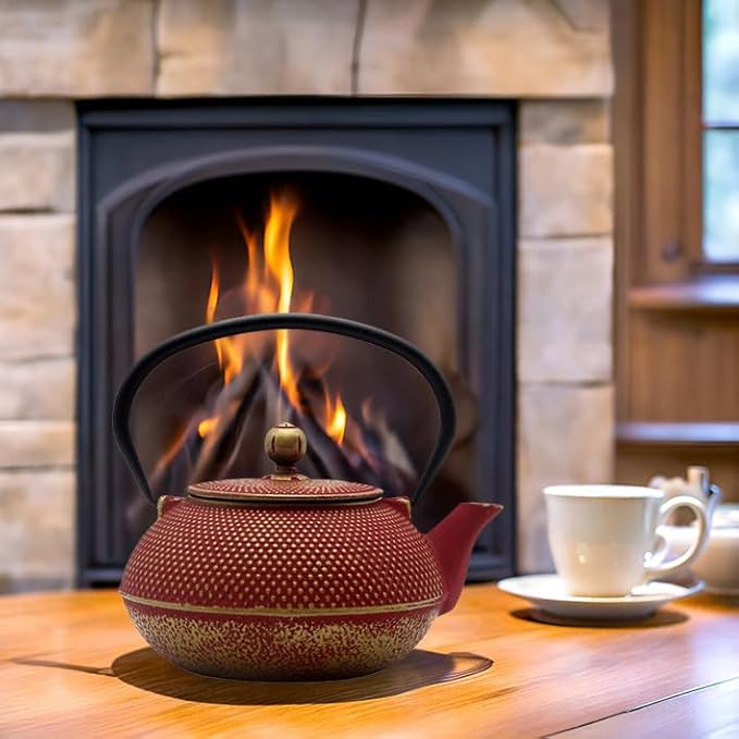 Cast Iron Teapot Tea Kettle with Stainless Steel Infuser for Stovetop Safe Coated with Enameled Interior Japanese Red Tetsubin for Loose Tea(30.4oz/900ml)