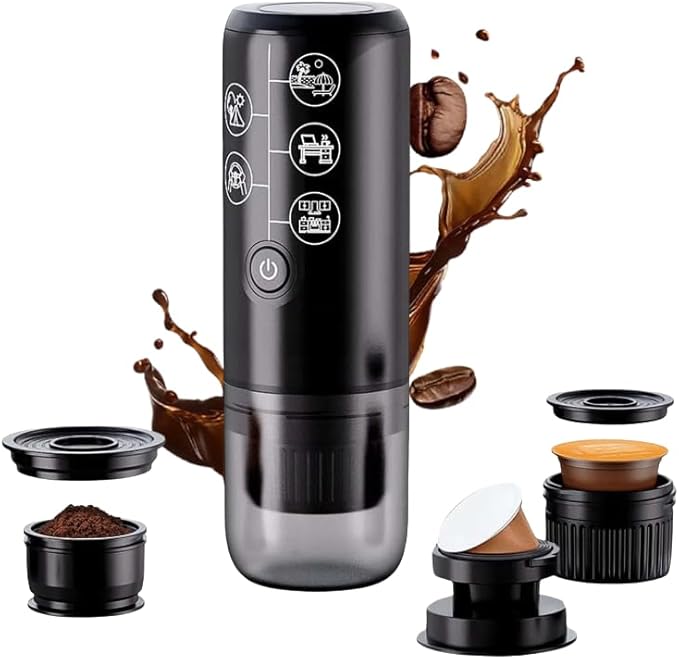 Portable Espresso Machine Mini 12V Rechargeable 3-in-1 Multi-Function Electric Coffee Machine One Key Extraction Compatible with NS & DG Capsules and Ground Coffee for Office Home (Black)