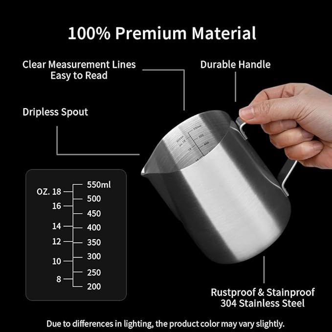 watchget Stainless Steel Milk Frothing Pitcher 20oz/600ml - Espresso Steaming Pitcher for Cappuccino, Latte Art, Coffee Machine Accessories Milk Jug Coffee Frother Cup, Matt Silver