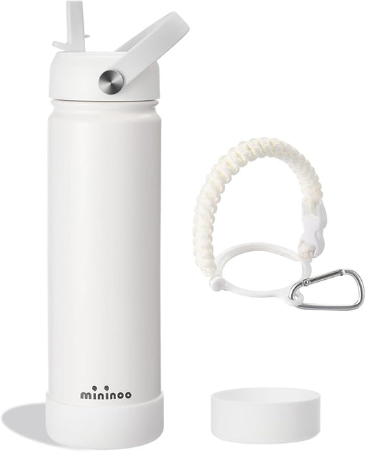 mininoo Insulated Stainless Steel Water Bottle with Straw and Lid for Sports, 24 oz, White