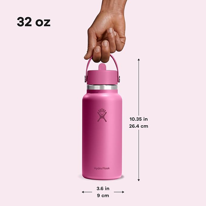 Hydro Flask Water Bottle - Insulated Stainless Steel - Wide Mouth Flex Straw Lid, Non Spill, Leakproof and Refillable in 32 Oz Reef Pink
