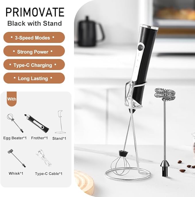 Handheld Milk Frother, Handheld Coffee Whisk, Low-Noise, USB Rechargeable, Black and White Color (Black without Stand)