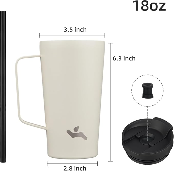 Insulated Tumbler with Handle and Straw, 18 OZ Travel Coffee Mug Stainless Steel Cup Metal Water Bottle,Angel White