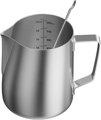 Milk Frothing Pitcher, 20 Oz/600 ML Milk Frother Steamer Cup Stainless Steel Espresso Cup with Decorating Pen