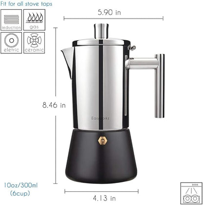 Easyworkz Diego Stovetop Espresso Maker Stainless Steel Italian Coffee Machine Maker 6Cup 10 oz Moka Pot Induction Espresso Pot