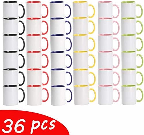11oz White Ceramic Sublimation Coffee Mug With Solid Colors Inside and Handle, Mixed 6 Colors of Black, Red, Blue, Yellow, Green and Pink, Case of 36