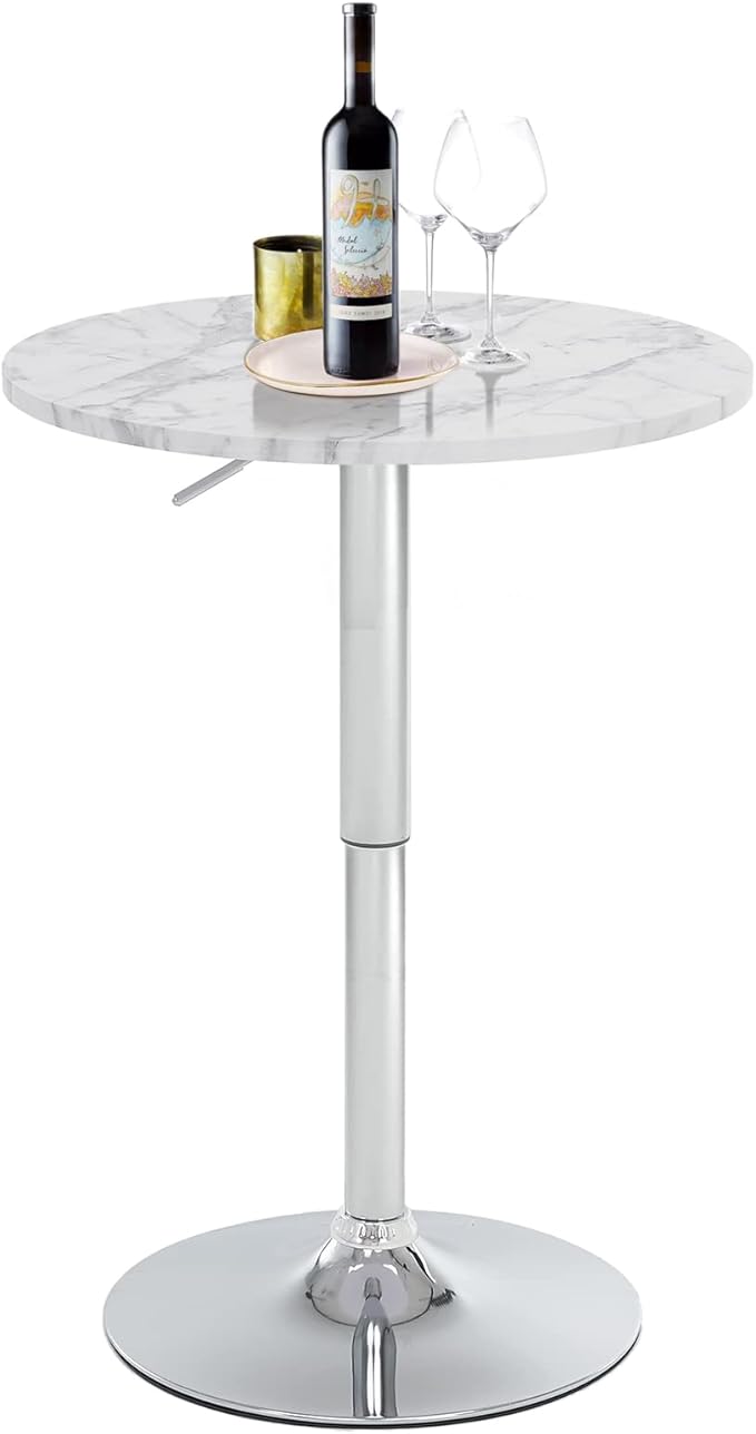 23.6" Round Bar Table, Adjustable Height Bar Table, Modern Cocktail Bar Table with MDF Top and Metal Base, Bistro Pub Table Suitable for Café, Kitchen Island, Bar Counter, White