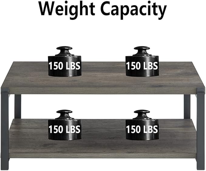 EXCEFUR Coffee Table with Storage Shelf, Rustic Wood and Metal Cocktail Table for Living Room, Grey