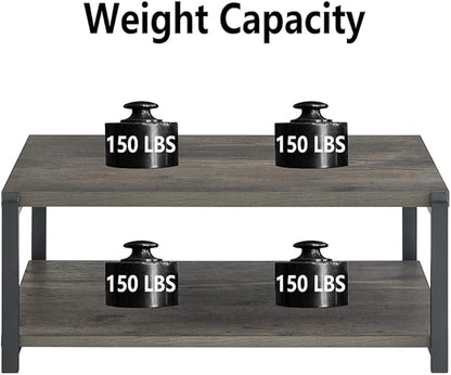 EXCEFUR Coffee Table with Storage Shelf, Rustic Wood and Metal Cocktail Table for Living Room, Grey