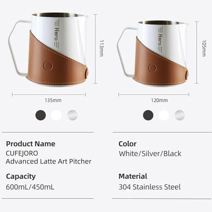 Milk Frothing Pitcher 450ml/16oz 304 Stainless Steel Espresso Steaming Pitcher with PU Leather, Milk Frothing Jug,milk frother cup,Milk Jug Cup,Premium Barista Tools,Latte Art (WHITE,20oz)