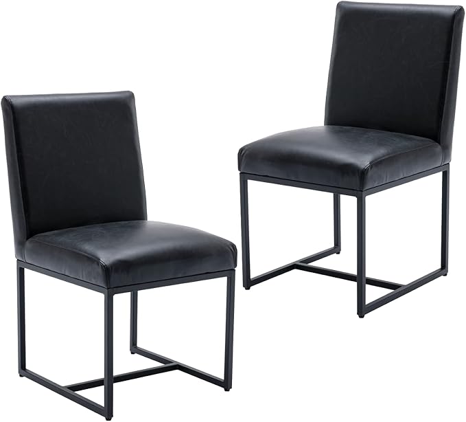 CIMOTA Black Leather Dining Chairs Set of 2, Upholstered Dining Room Chairs Armless Guest Side Chair with Black Base for Dining Room/Kitchen, 2PCS