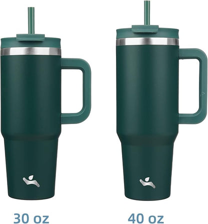 40 oz Tumbler with Handle and 2 Straws,2 in 1 Lid Insulated Water Bottle Stainless Steel Travel Coffee Mug,Dark Green