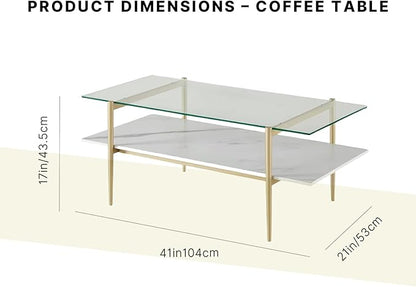 Shrine Rectangle Coffee Table, Mid-Century Modern Design, 2-Tier Structure, Clear Glass Top and White MDF Shelf, 41" D x 21" W x 17" H, Sleek Conical Metal Legs with Gold Finish