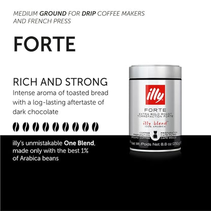 Illy Coffee, Ground Drip Forte, Extra Dark Roast, 100% Arabica Bean Bold Signature Italian Blend, No Preservatives, 8.8 Ounce (Pack Of 1)