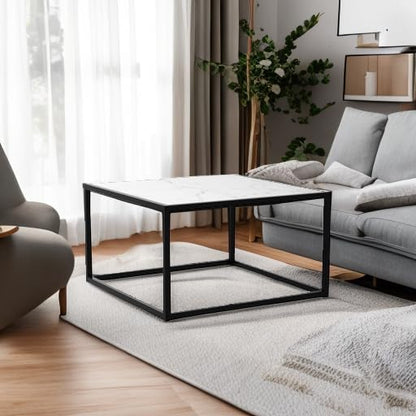 SAYGOER White Coffee Table,Small Square Coffee Table,Modern Center Table for Living Room Office 27.6 * 27.6 * 15.7 Inch, Easy Assembly, White Faux Marble Top