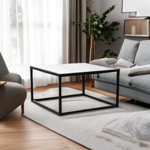 SAYGOER White Coffee Table,Small Square Coffee Table,Modern Center Table for Living Room Office 27.6 * 27.6 * 15.7 Inch, Easy Assembly, White Faux Marble Top
