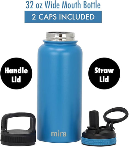 MIRA 32 oz Insulated Water Bottle - Stainless Steel Sports Flask with 2 Lids (Straw & Handle) - Cold Drink Thermo - Hawaiian Blue