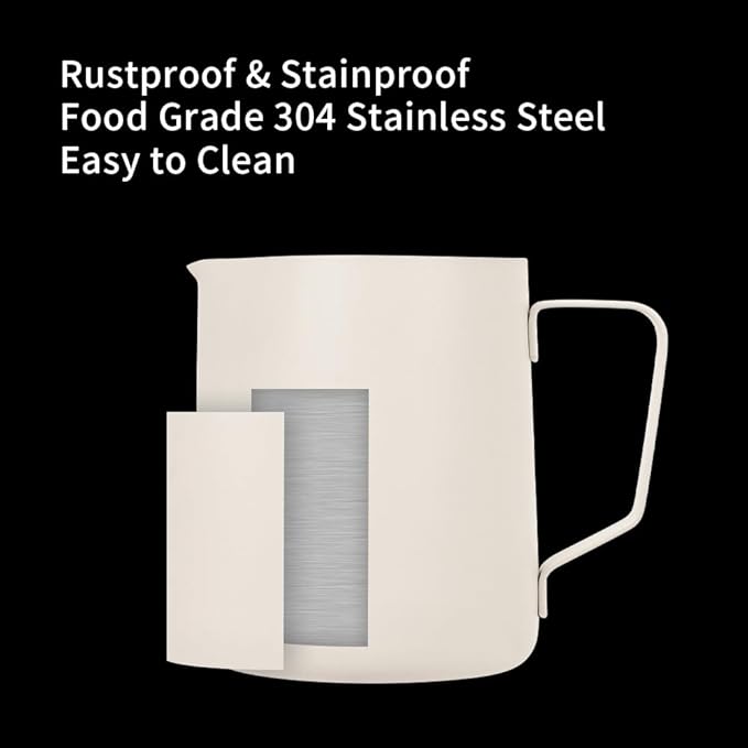 watchget Milk Frothing Pitcher 20oz/600ml - Stainless Steel Espresso Steaming Pitcher for Cappuccino & Latte Art, Creamy White