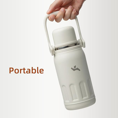 Insulated Water Bottle with Handle and Strap,Vacuum Travel Tumbler with Cup Lid,Thermo Coffee Cup for Hot Cold Drinks 40 OZ,Beige