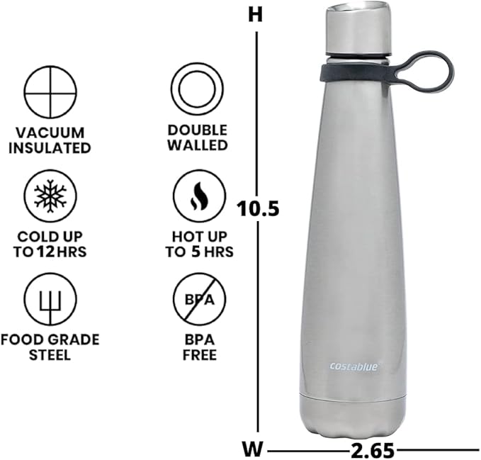 Insulated Water Bottle - On-The-Go Refillable Stainless Steel Water Bottles For Adults, Reusable Thermos Travel Tumbler With Leak-proof Lid For Hot & Cold Beverages (17Oz. Stainless Steel)