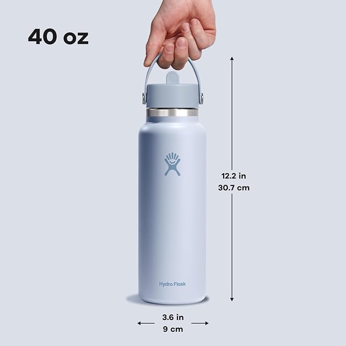 Hydro Flask Water Bottle - Insulated Stainless Steel - Wide Mouth Flex Straw Lid, Non Spill, Leakproof and Refillable in 40 Oz Surf Blue