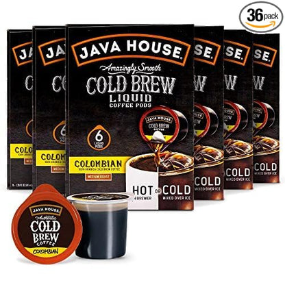 JAVA HOUSE Medium Roast Colombian Cold Brew Pods, (36 Count) Peel and Pour Pods Hot or Iced Instant Coffee Concentrate