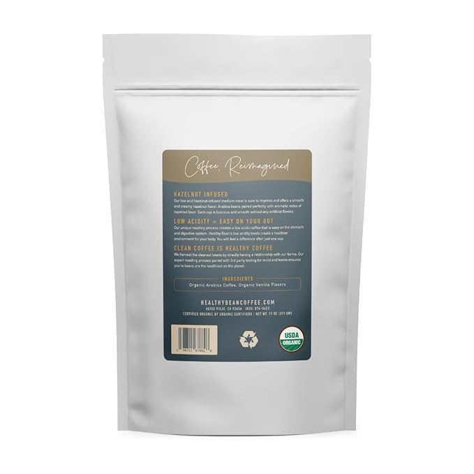 Healthy Bean Organic Ground Coffee Hazelnut Infused - Low Acid Coffee for Sensitive Stomachs - Medium Roast Blend, USDA Organic, Smooth and Creamy Roasted Hazelnuts Flavor, 11oz