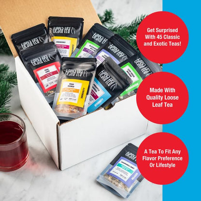 Tiesta Tea - Tiesta Tastings Sampler Dry Flight Set, Loose Leaf, High to No Caffeine, Makes Hot and Iced, Assorted Tea Sets with Herbal, Chai, Fruit Blend & More, 45 Resealable Sample Pouches