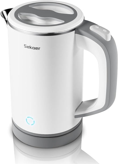Sekaer Small Electric Tea Kettle Stainless Steel 0.8L Portable Travel Hot Water Boiler, Mini Electric Coffee Kettle with Auto Shut-Off & Boil Dry Protection, Cordless Base & White