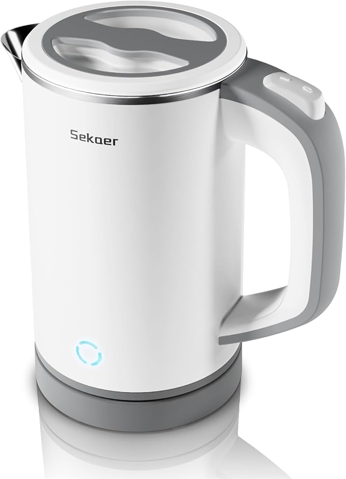 Sekaer Small Electric Tea Kettle Stainless Steel 0.8L Portable Travel Hot Water Boiler, Mini Electric Coffee Kettle with Auto Shut-Off & Boil Dry Protection, Cordless Base & White