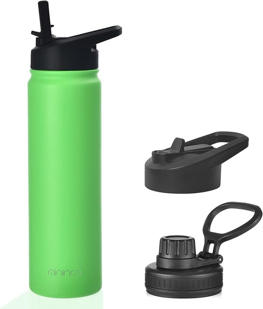 mininoo 24 oz Insulated Water Bottle with Straw, Stainless Steel Double Wall Vacuum with Straw Lid & Chug Lid, Leak Proof, BPA Free, Keep Cold for 24H & Hot for 12H(Green)