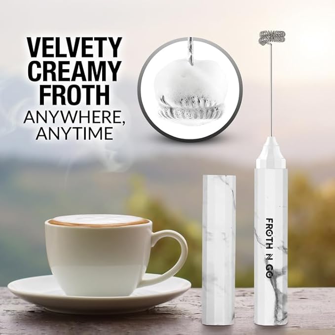 Zulay Kitchen FrothMate Powerful Milk Frother Portable & Compact Handheld Foam Maker Lattes, Cappuccinos (Marble, Froth N Go)