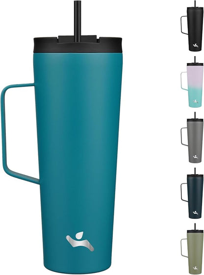 Insulated Tumbler with Handle and Straw, 26 OZ Travel Coffee Mug Stainless Steel Cup Metal Water Bottle,Blue
